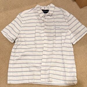 Calvin Klein Jeans White Short-Sleeve Button-Up with Blue and Gray Stripes